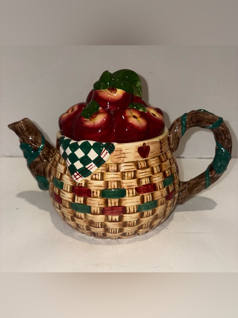 Ceramic Apple Basket Teapot - Red and Green - Vintage 1999